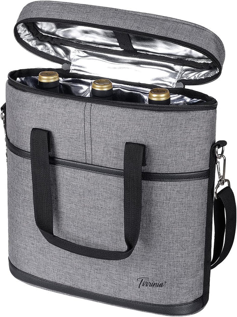 Tirrinia Insulated Wine Gift carrier - 3 Bottle Travel Wine Carry Cooler Tote Bag with Handle and Adjustable Shoulder Strap, Grey...