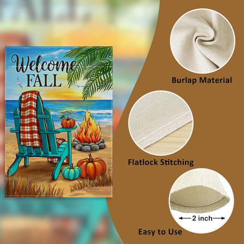 Welcome Fall Beach Pumpkin Decorative Garden Flag, Autumn Sea Ocean Chair Bonfire Coastal Yard Outside Decorations, Buffalo Plaid Check Nautical O...