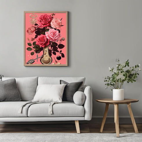 Posterizer 1 pcs-vintage instruments and flowers-pink girly collage-Abstract & Modern Art-Floral & Botanical Art-Gift for Art Lovers- UNFRAMED Wal...