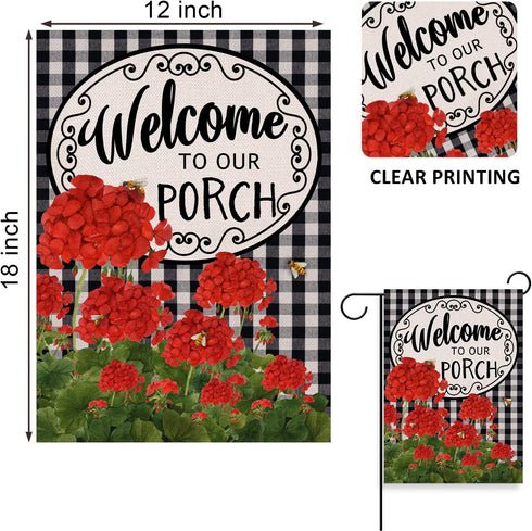 Home Decorative Welcome to Our Porch Geranium Spring Summer Garden Flag, Red Flower Black White Buffalo Plaid Check House Yard Outside Decoration ...
