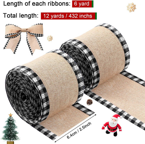 2 Rolls Christmas Buffalo Plaid Wired Edge Ribbons Christmas Tree Burlap Fabric Craft Wrapping Ribbon with Checkered Edge, 216 Inch(2.5 Inch Width...
