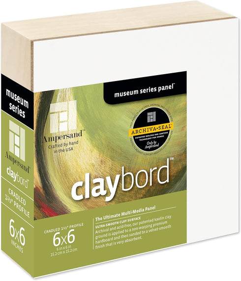Ampersand Art Supply Wood Painting Panel: Museum Series Claybord, 6" x 6", 1-1/2" Cradled Profile...