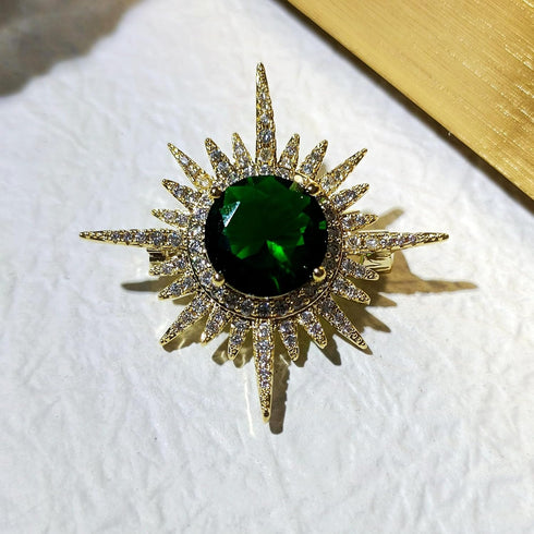 Excellent Gold and Emerald Starburst Pin Brooch Planet Sun Burst Jewelry...