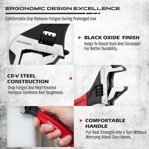 6" Adjustable Wrench Pipe Spanner: Wide Jaw Black Oxide Wrench With Cushion Grip, Laser Marked Metric & SAE Scales, CR-V Steel, for Professionals...