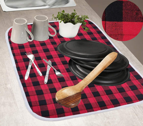 2-Piece Dish Drying Mat Set - 16"x18" Buffalo Classic Check Plaid - Red Black...