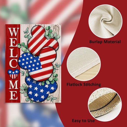 Welcome 4th of July Stars Stripes Cartoon Mouse Patriotic Decorative Garden Flag, American USA Memorial Day Yard Outside Decorations, Summer Outdo...