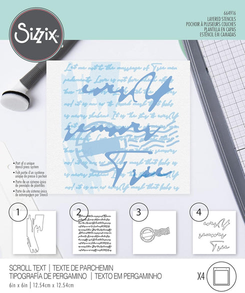 Sizzix Layered Reusable Crafts 4PK Scroll Text by Olivia Rose | 664916 | Chapter 4 2022 Stencils, Mulitcolour...