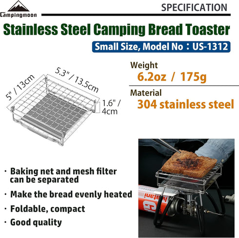 CAMPINGMOON Bread Toaster for Camping Stove Gas Fire 304 Stainless Steel Bread Toaster Small Size US-1312...