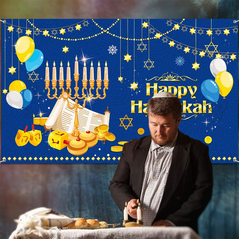 Tatuo Large Happy Hanukkah Party Decoration - Chanukah Photography Backdrop 70.9 x 43.3 Inch Blue Shiny Menorah Lamp...