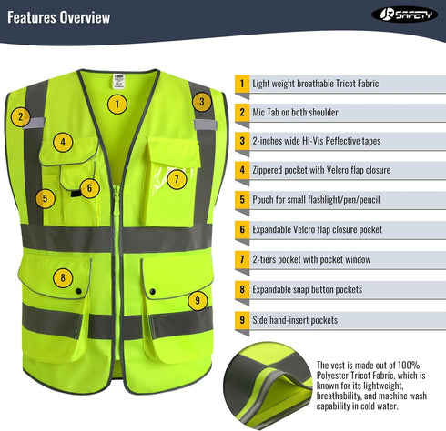 JKSafety 9 Pockets Class 2 High Visibility Zipper Front Safety Vest With Reflective Strips,Meets ANSI/ISEA Standard (Large, 150-Yellow)...