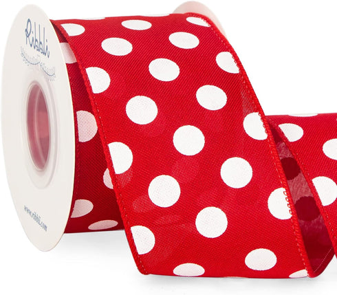Ribbli Red and White Polka Dot Wired Ribbon, 2-1/2 Inch x 10 Yard, Red Burlap Ribbon for Craft, Wreath,Christmas Tree Decoration, Outdoor Decorati...