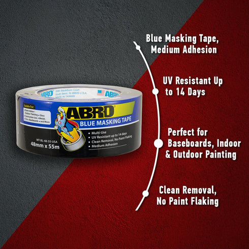 ABRO Masking Tape, 48mm x 55M, All Purpose Blue Masking Tape for Temporary Labeling and Marking, Easy Tear, Clean Removal, Painters Tape for DIY a...