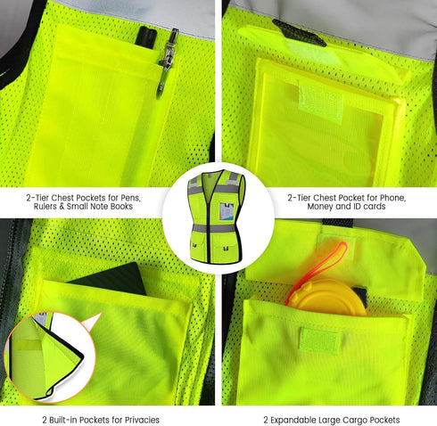 Reflective Vest for Women, Mesh Womens Safety Vest with 11 Pockets and Zipper, Hi Vis Neon Construction Work Vest for Lady Surveyors/Workers, Snug...