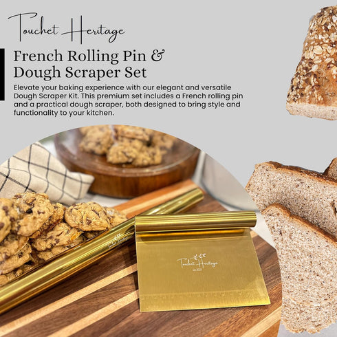 French Rolling Pin and Dough Scraper Set | Gold Bench Scraper Tool | Rolling Pin For Dough | Bread Making Accessories | Metal Bread Dough Cutter |...