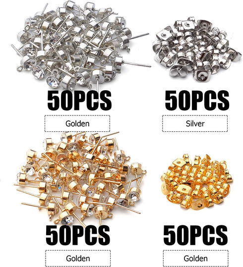 100pcs 5mm Rhinestone Earring Studs Hypoallergenic Earrings Posts with Loop and 100pcs Butterfly Earring Backs for DIY Earring Jewelry Making Supp...