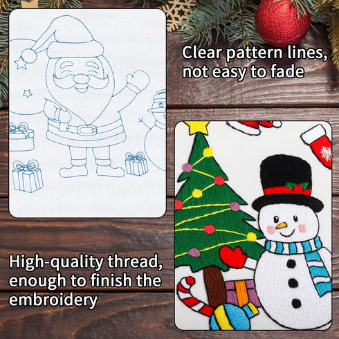 Nuberlic 3 Pc Christmas Embroidery Kit for Beginner Adults Kids with Santa Snowman Owl Patterns Stamped Cross Stitch Kits with 3 Embroidery Hoops ...