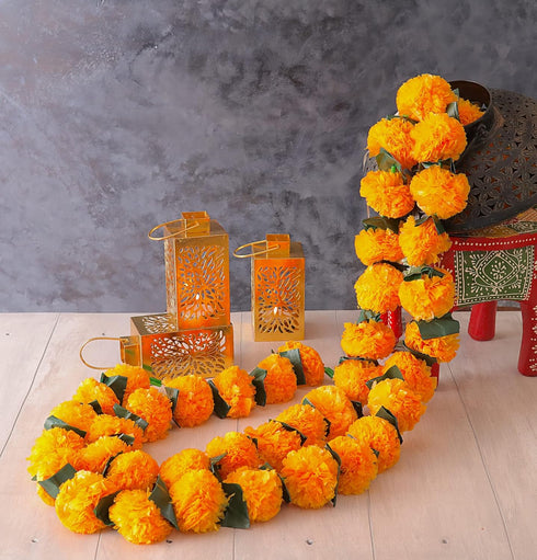 5 PC - 4.5 feet Marigold Garland with Green Leaves |Indian/American Wedding Party Mantle Decoration, Faux Garlands Wedding Garland, Diwali Decorat...