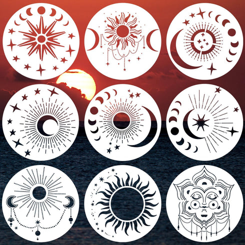 9pcs Mandala Sun and Moon Stencil, 11.81 Inch Star Sun and Moon Template Reusable Paint Stencils for Painting Crafts Wood Wall Furniture Home Deco...