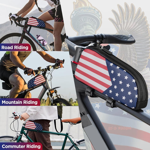 Bike Top Tube Bag Bicycle Front Frame Bag Biking Accessories Cycling Bag American Flag Print Bike Pouch for Mountain Bike Road Bicycles...