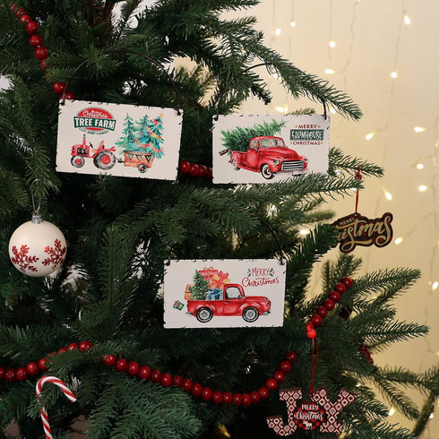 Rustic Red Truck Christmas Ornaments Set of 6,Farmhouse Enamel Hanging Signs for Christmas Tree Decorations Home Holiday Decor...