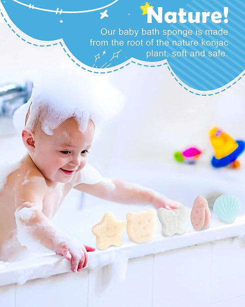 Konjac Baby Sponge for Bathing, 5Pcs Natural Cute Shapes, Kids Bath sponges for Infants, Toddler Bath time, Plant-Based, Extra Soft...