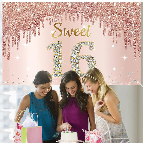Sweet 16th Birthday Banner Backdrop Decorations for Girls, Rose Gold 16 Birthday Party Sign Supplies, Pink 16 Years Old Birthday Poster Background...
