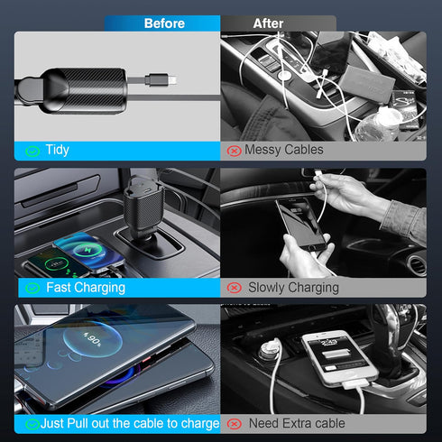 PLDHPRO Retractable Car Charger 4 in 1 62W Fast Charging Adapter, Retractable Cable and Dual Charger Ports Compatible iPhone 15/14/13/12 Pro Max X...