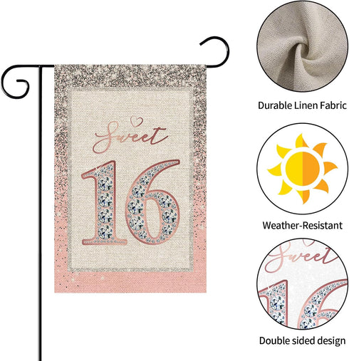 Sweet 16 Garden Flag / 16th Birthday Yard House Lawn Sign / 16th Wedding Anniversary Door Yard Lawn Sign Decor/Sweet Sixteen Party Indoor Outdoor ...