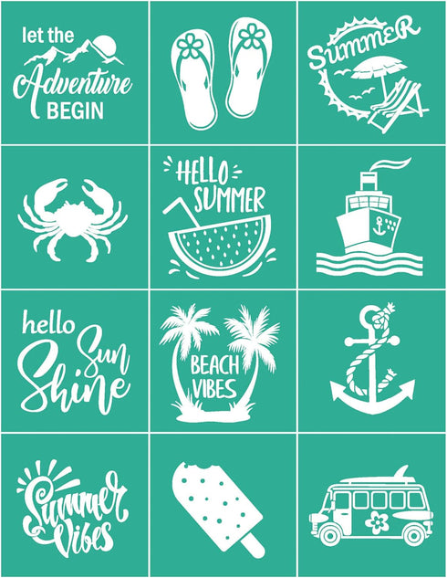 Summer Screen Print Stencils, Beach Self-Adhesive Screen Transfer, Reusable Chalk Paint Stencils. for drawing on wood, chalkboard, fabric....