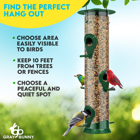 Gray Bunny 14 Inches Tube Bird Feeders for Outdoors Hanging, 6 Feeding Ports, Hard Plastic Bird Feeder Outdoor Weatherproof and 4 Inch Steel Hange...