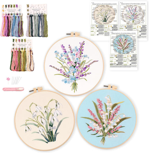 Harimau 3Pc Embroidery Kit for Beginners, Floral Plant Pattern,Cross Stitch Kits Set, Including Stamped Embroidery Cloth with 3 Embroidery Hoops, ...