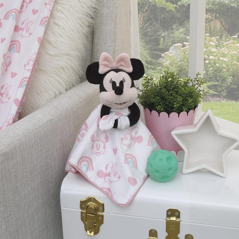 Disney Minnie Mouse White, Pink, and Aqua Rainbow and Heart Lovey Security Blanket...