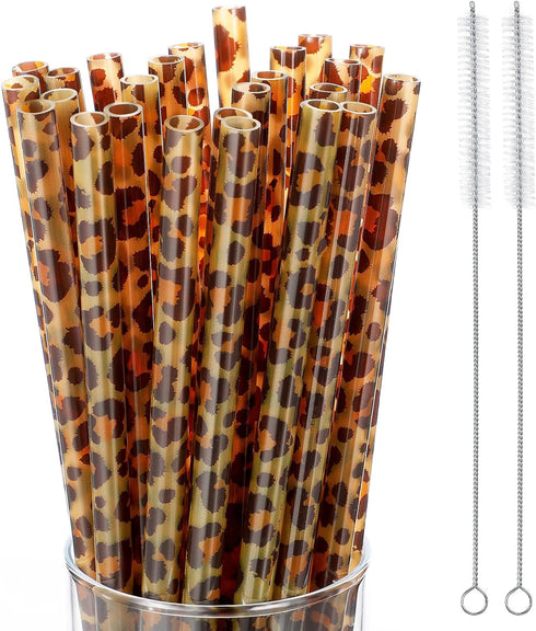 Leopard Straws Bulk Reusable Plastic Cheetah Animal Straws and Cleaning Brush for Women Tumblers Drinking Safari Wild Birthday Party Favors(Classi...