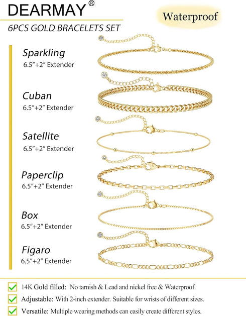 DEARMAY Waterproof Gold Bracelets Set for Women Trendy, Dainty 14K Real Gold Plated Jewelry Fashion Stackable Tennis Beaded Figaro Herringbone Pap...