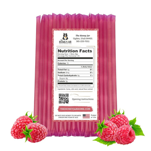 The Honey Jar Raspberry Flavored Honey Sticks - Pure Honey Straws For Tea, Coffee, or a Healthy Treat - One Teaspoon of Flavored Honey Per Stick -...
