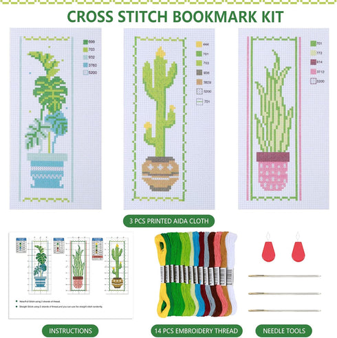 Caydo 3 PCS Cross Stitch Bookmark Kits, Stamped Embroidery Bookmark Kit for Kids Adults Beginner, DIY Counted Crossstitch Christmas Gift for Book ...