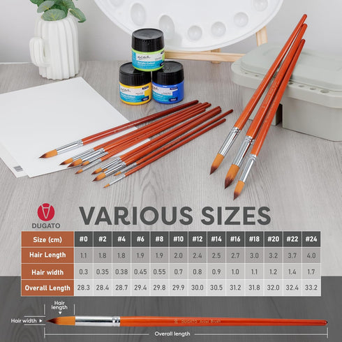 DUGATO Professional Artist Round Paint Brush Set (13pc) - Long Handle Round Pointed Tip, Anti-Shedding Nylon for Watercolor, Acrylic, Oil, Gouache...