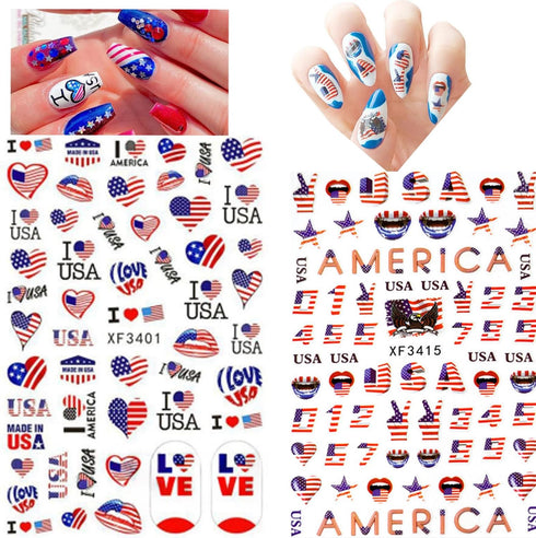 4th of July Nail Art Stickers American Independence Day Nail Design Lips Flag Hearts Flame Shape 3D Self-Adhesive Nail Art Supplies Patriotic Stic...