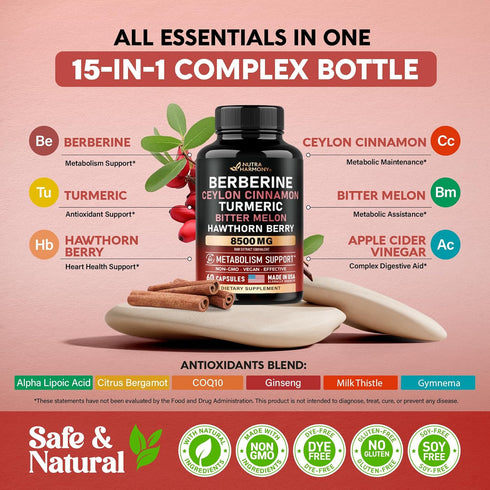 Berberine with Ceylon Cinnamon 10000 mg with Apple Cider Vinegar | Hawthorn Berry | Citrus Bergamot | Bitter Melon - 15-in-1 Supplement for Heart ...