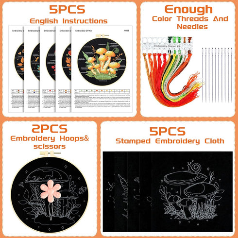 5 Sets Mushroom Embroidery Kit for Beginners with Patterns Mushroom Cross Stitch Set DIY Adult Hand Needlepoint Embroidery Starter Set with Mushro...