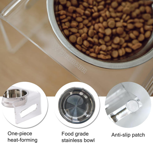 Tilted Raised Elevated Food and Water Bowls Stand for Cat or Small Dogs - Puppy's Clear Acrylic Stainless Steel Dishes Holder for Boy or Girl Pet,...