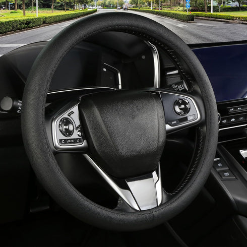 Black Leather Steering Wheel Cover?Classic Black?Anti-Slip, Safety, Soft, Breathable, Adaptable to 14.5-15 inches Steering Wheel...