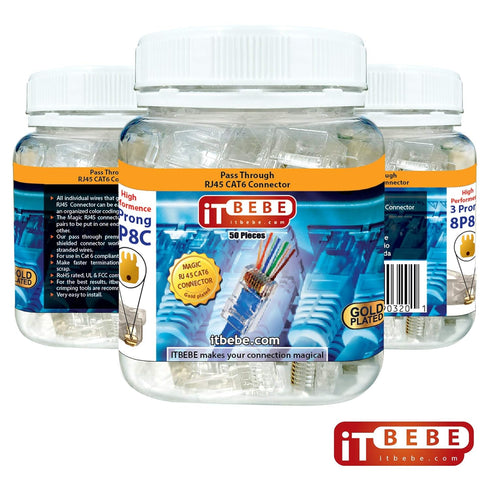 ITBEBE 50 Pieces RJ45 Cat6 Pass Through Connectors - Gold Plated Transparent Passthrough Ethernet Insert Crimp Connector UTP Network Plug for 24 A...