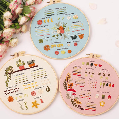 UXORSN 3 Sets Embroidery Kit for Beginners Adults Learn 30 Different Stitches Cross Stitch Starter Kits Including Fabric with Stamped Flower Patte...