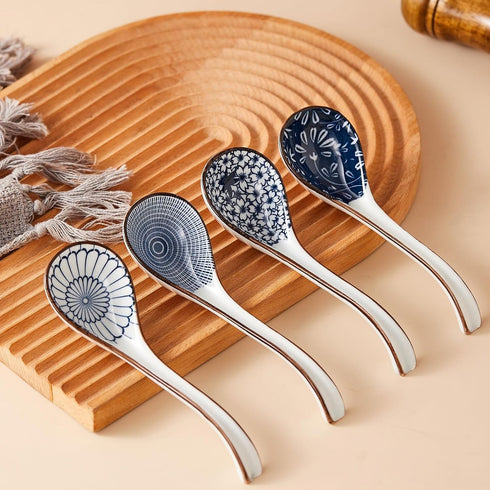 Asian Soup Spoons Set, Ceramic Soup Spoon Japanese Pho Miso Ramen Curries Spoons,Chinese Large Spoons Soup for Woton Noodles Dumpling Rice, Korean...