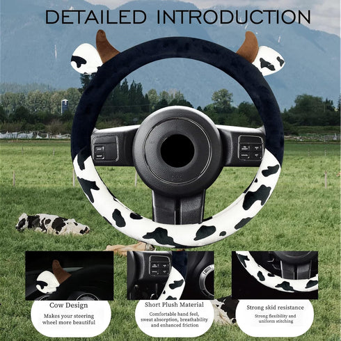 Cow Steering Wheel Cover for Women with 2PCS Car Coasters,Universal 14.5—15 Inch Anti Slip and Sweat Absorption Comfortable Auto Steering Wheel Co...