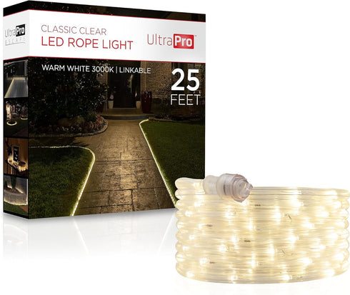 UltraPro LED Rope Lights, 25ft Classic Clear Rope, Warm White Light 3000K, Indoor/Outdoor, Flexible, Linkable, Durable, Rope Lights Outdoor, 54504...
