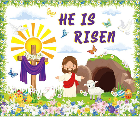74 Pcs Christian Easter Bulletin Board Decorations Set Easter Bunny Egg Flower Paper Cutouts with Border He Is Risen Classroom Decor for Home Nurs...