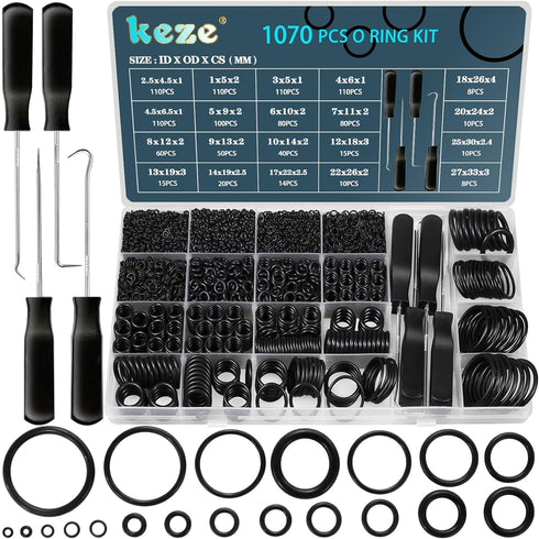 1070 Pcs Rubber O-Rings Kit with Assorted Oring Tools Set/20 Size/OD:4.5mm-33mm...