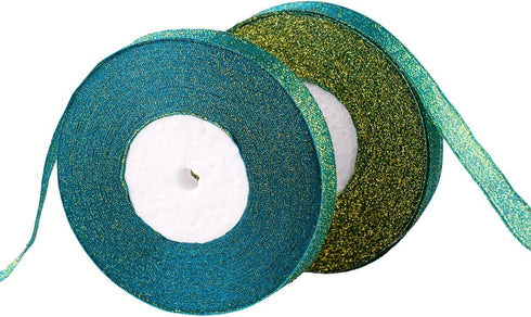 Feyarl Sparkly Green Ribbon 5/8-inch Wide by 50-yards(2 rolls X 25yd) Premium Metallic Glitter Ribbon for Christmas, Crafters, Holiday, Home Deco,...